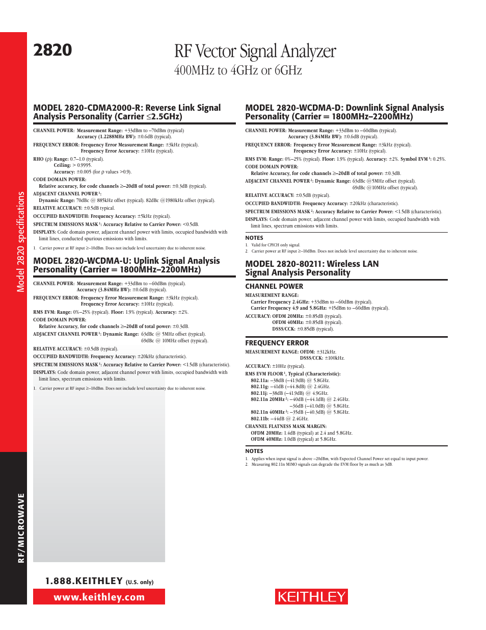 Rf vector signal analyzer, Si de t ex t, Mod el 28 20 spe ci fic at io ns | Atec Keithley-2820 User Manual | Page 10 / 12