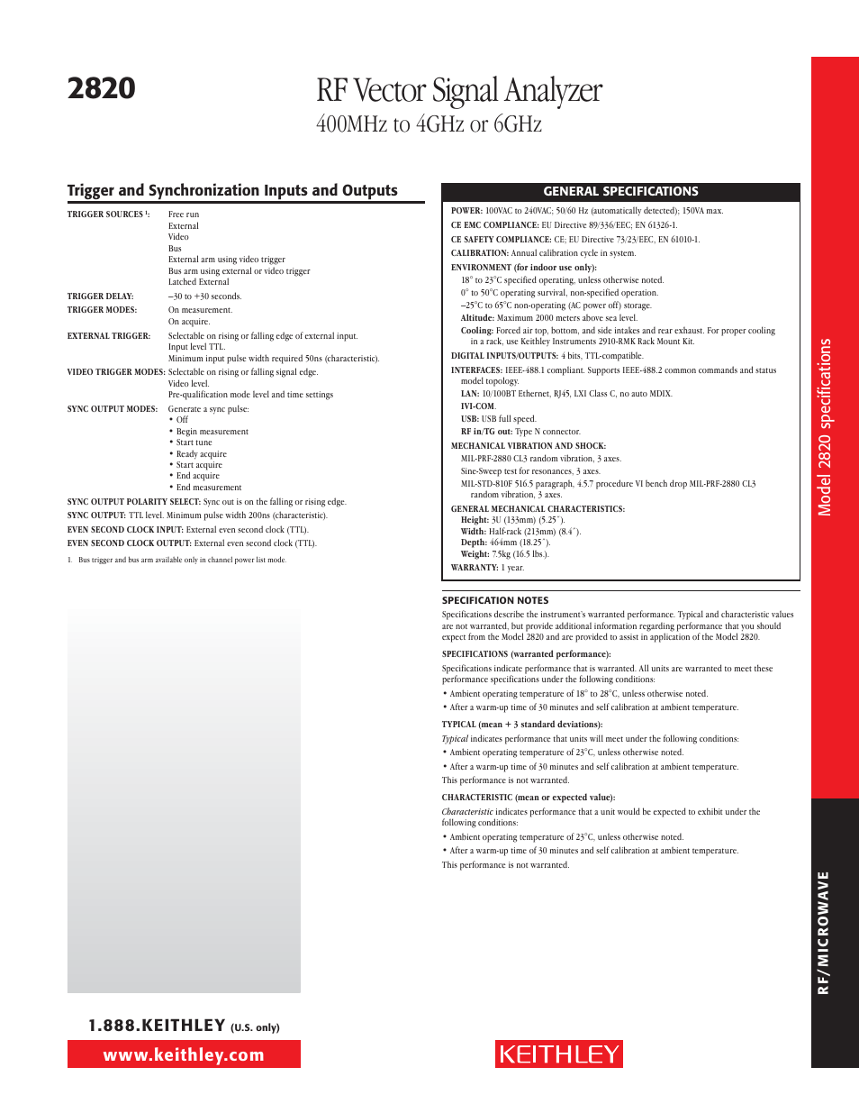Rf vector signal analyzer, Si de t ex t, Mod el 28 20 spe ci fic at io ns | Trigger and synchronization inputs and outputs | Atec Keithley-2820 User Manual | Page 11 / 12