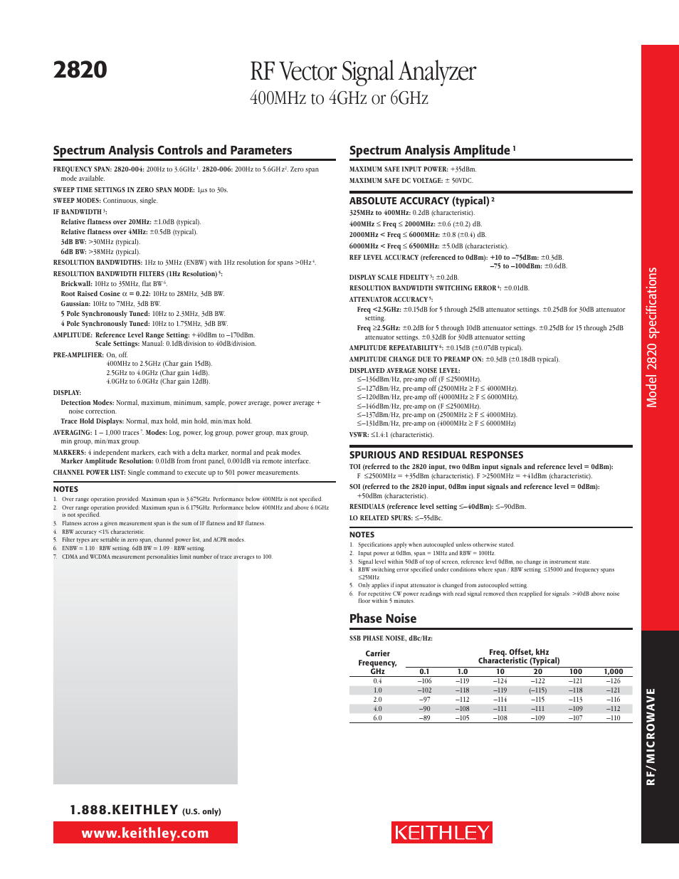 Rf vector signal analyzer, Si de t ex t, Mod el 28 20 spe ci fic at io ns | Spectrum analysis controls and parameters, Spectrum analysis amplitude, Phase noise | Atec Keithley-2820 User Manual | Page 7 / 12