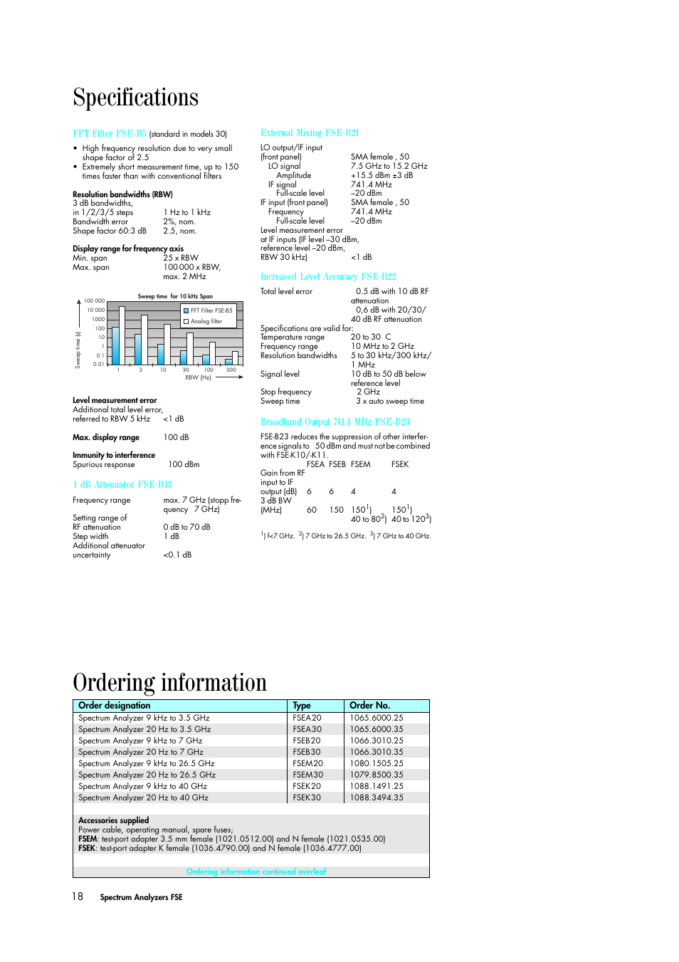 Ordering information, Specifications | Atec Rohde-Schwarz-FSE User Manual | Page 8 / 8