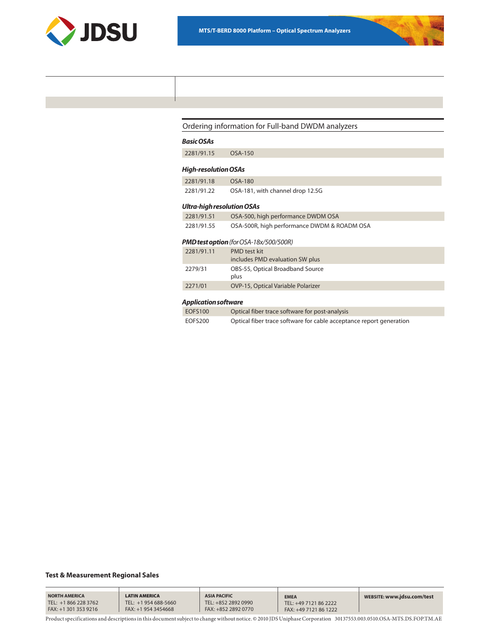 Ordering information for full-band dwdm analyzers | Atec JDSU-T-Berd-8000 User Manual | Page 6 / 6