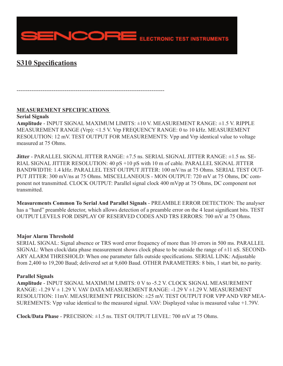 S310 speciﬁcations | Atec Sencore-S310 User Manual | Page 2 / 3