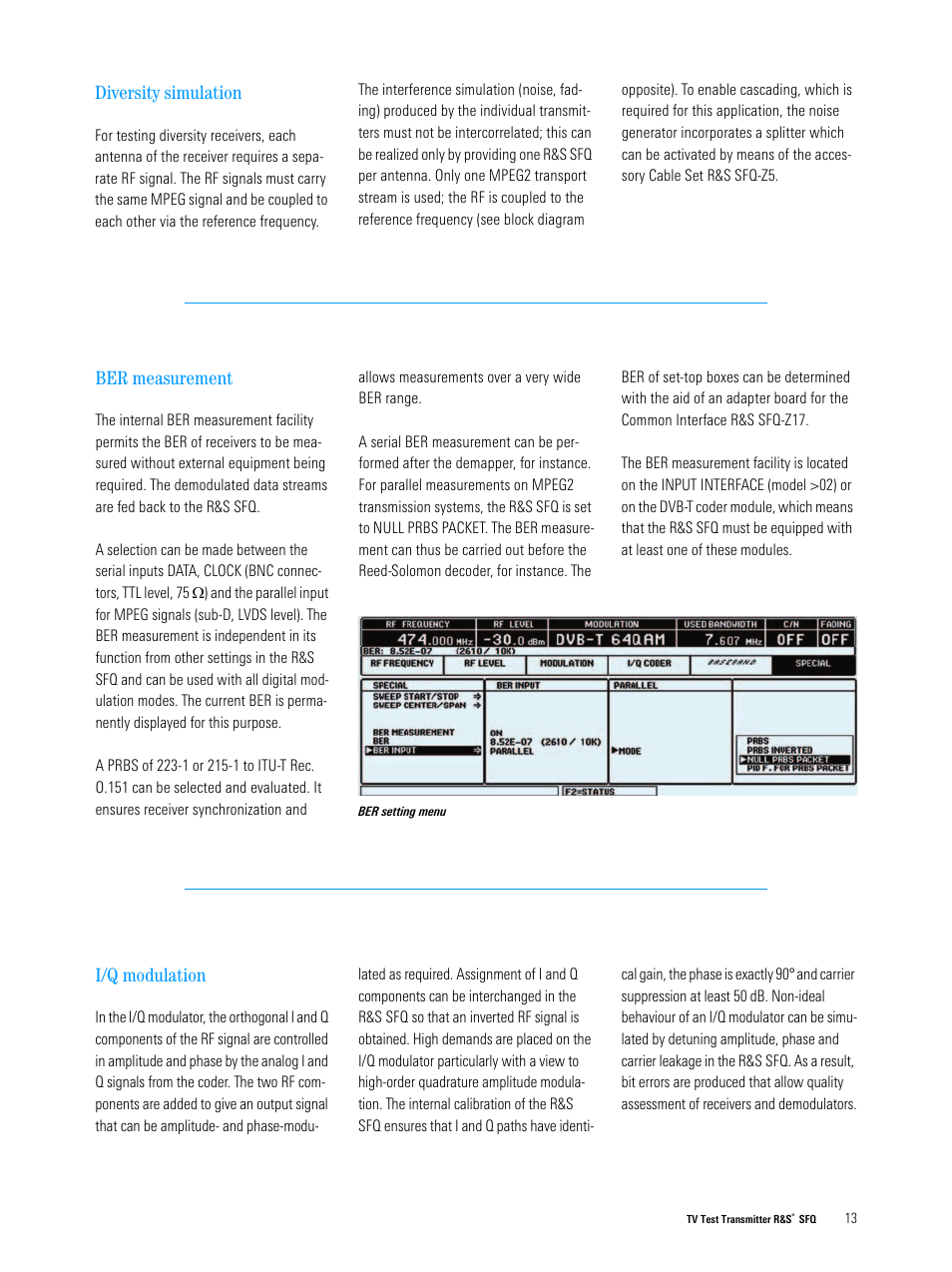 I/q modulation, Ber measurement, Diversity simulation | Atec Rohde-Schwarz-SFQ Series User Manual | Page 13 / 20