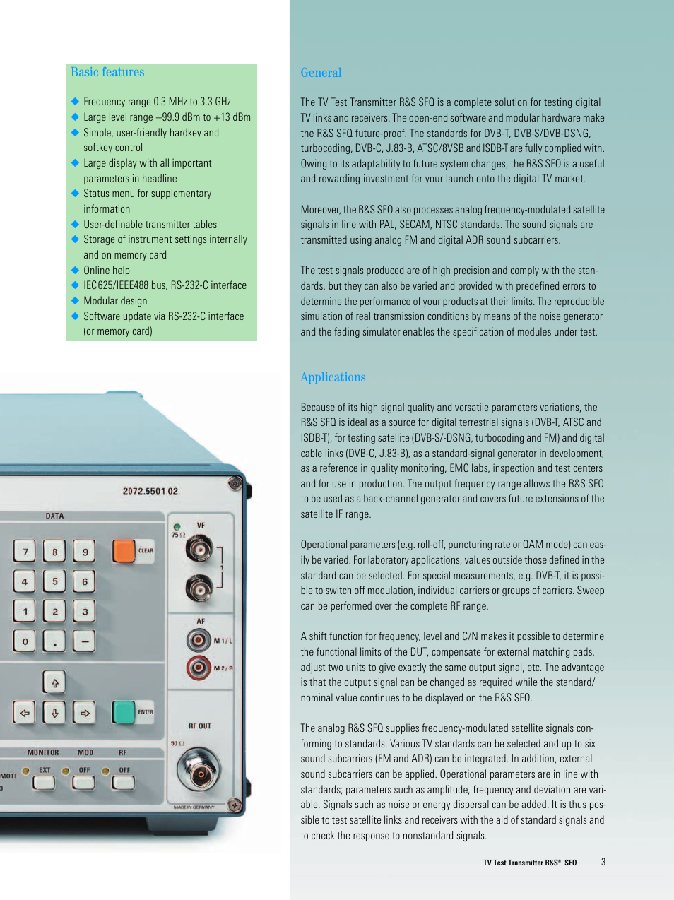 Basic features, General, Applications | Atec Rohde-Schwarz-SFQ Series User Manual | Page 3 / 20