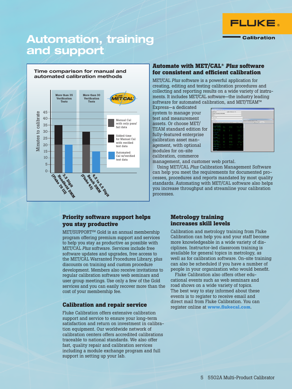 Automation, training and support, Automate with met/cal, Calibration and repair service | Metrology training increases skill levels | Atec Fluke-5502A User Manual | Page 5 / 8