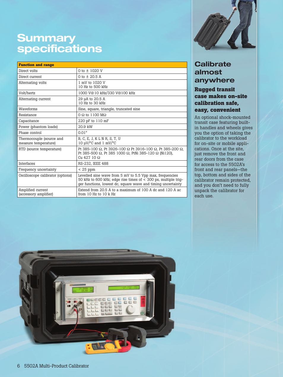 Summary specifications, Calibrate almost anywhere | Atec Fluke-5502A User Manual | Page 6 / 8