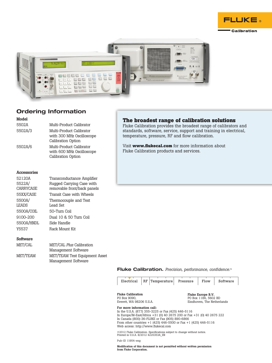 Ordering information, The broadest range of calibration solutions | Atec Fluke-5502A User Manual | Page 8 / 8