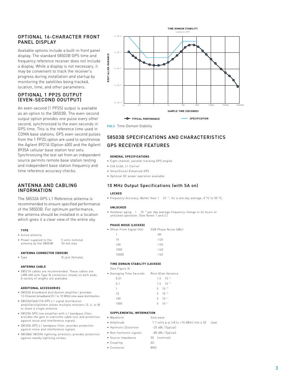 Optional 16-character front panel display, Optional 1 pp2s output (even-second ooutput), Antenna and cabling information | 10 mhz output specifications (with sa on) | Atec HP-Symmetricom-58503B User Manual | Page 3 / 4