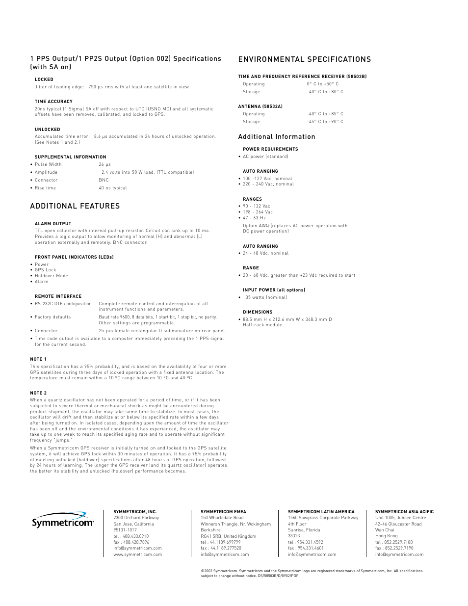 Additional features, Environmental specifications, Additional information | Atec HP-Symmetricom-58503B User Manual | Page 4 / 4