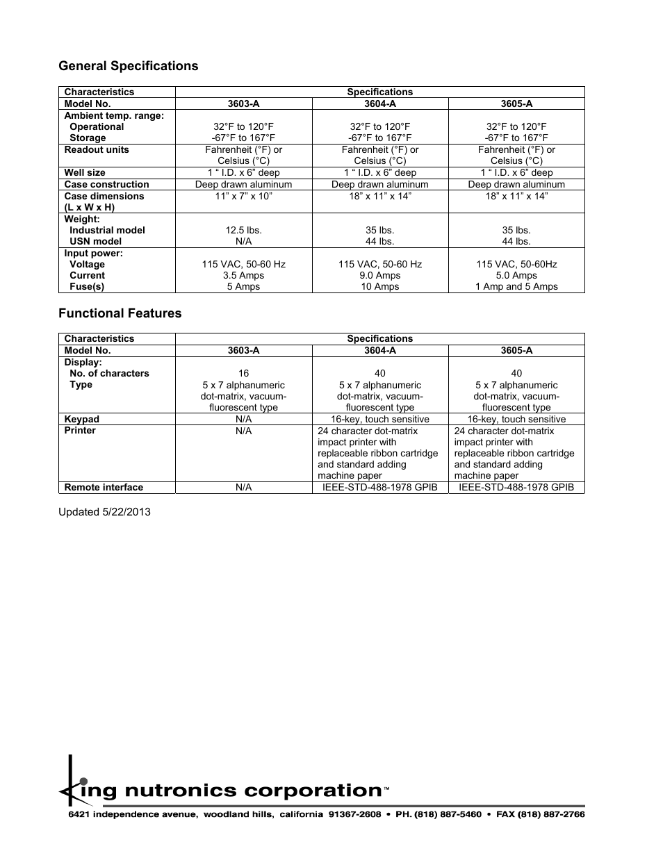 General specifications, Functional features | Atec King-Nutronics-3603-3604-3605-A User Manual | Page 4 / 4