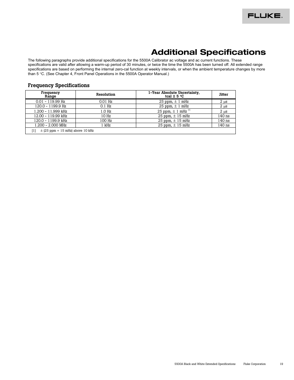 Additional specifications, Frequency specifications | Atec Fluke-5500A User Manual | Page 20 / 27