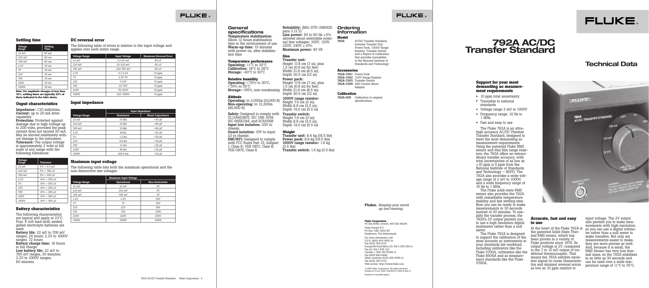 792a ac/dc transfer standard, Technical data, General specifications | Ordering information, Accurate, fast and easy to use, Settling time, Ouput characteristics, Battery characteristics, Dc reversal error, Input impedance | Atec Fluke-792A User Manual | Page 6 / 6