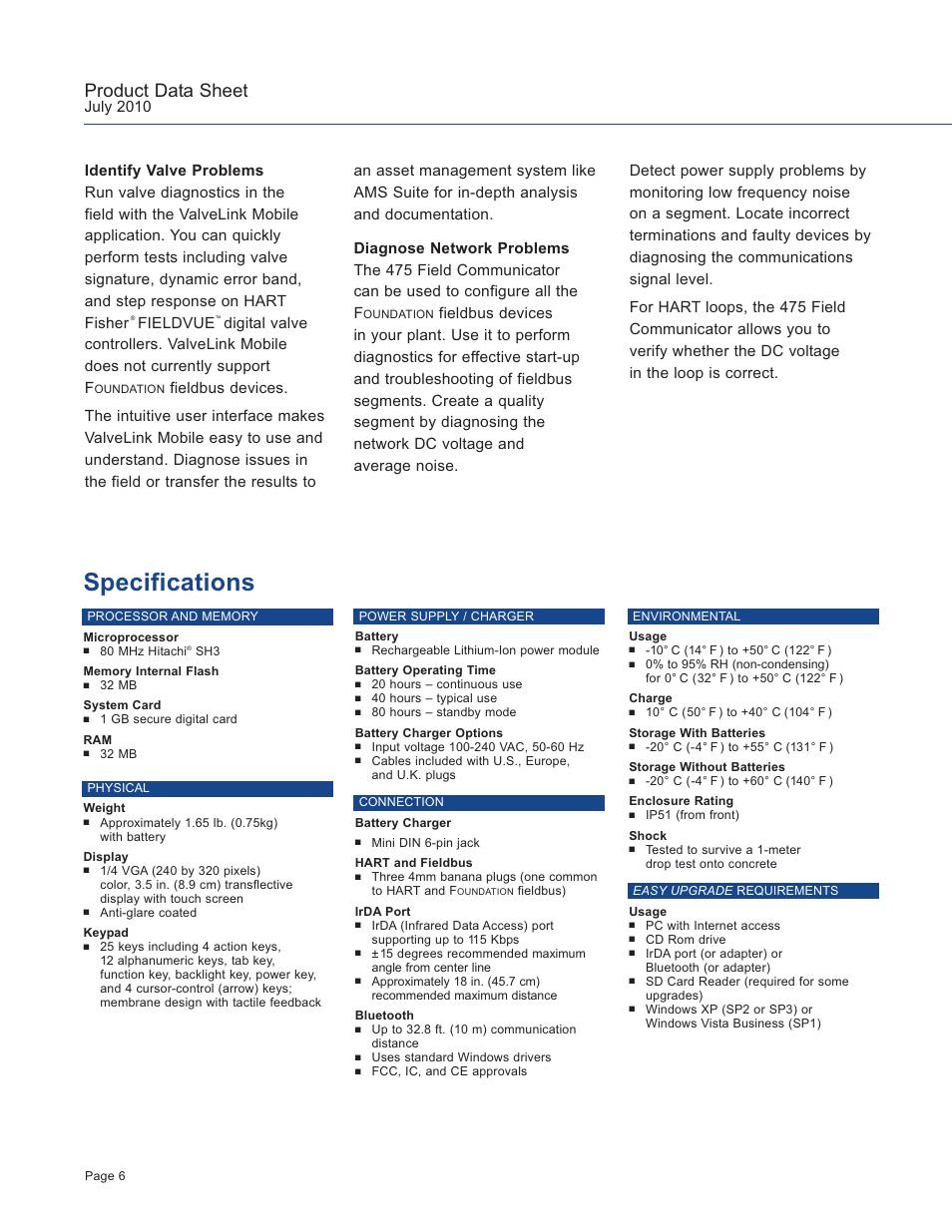 Specifications, Product data sheet | Atec Rosemount-Hart-475 User Manual | Page 6 / 8