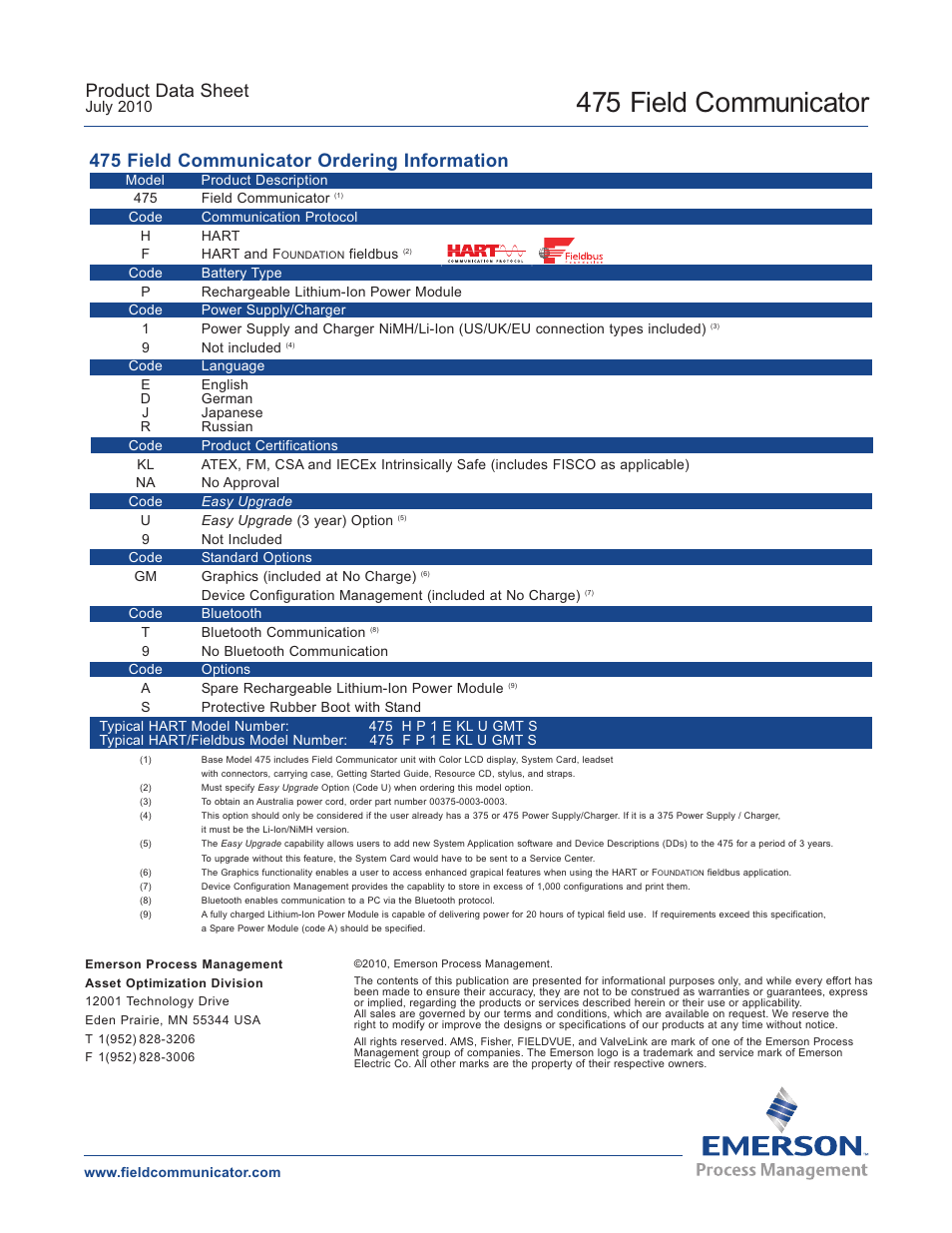 475 field communicator, Product data sheet, 475 field communicator ordering information | Atec Rosemount-Hart-475 User Manual | Page 8 / 8