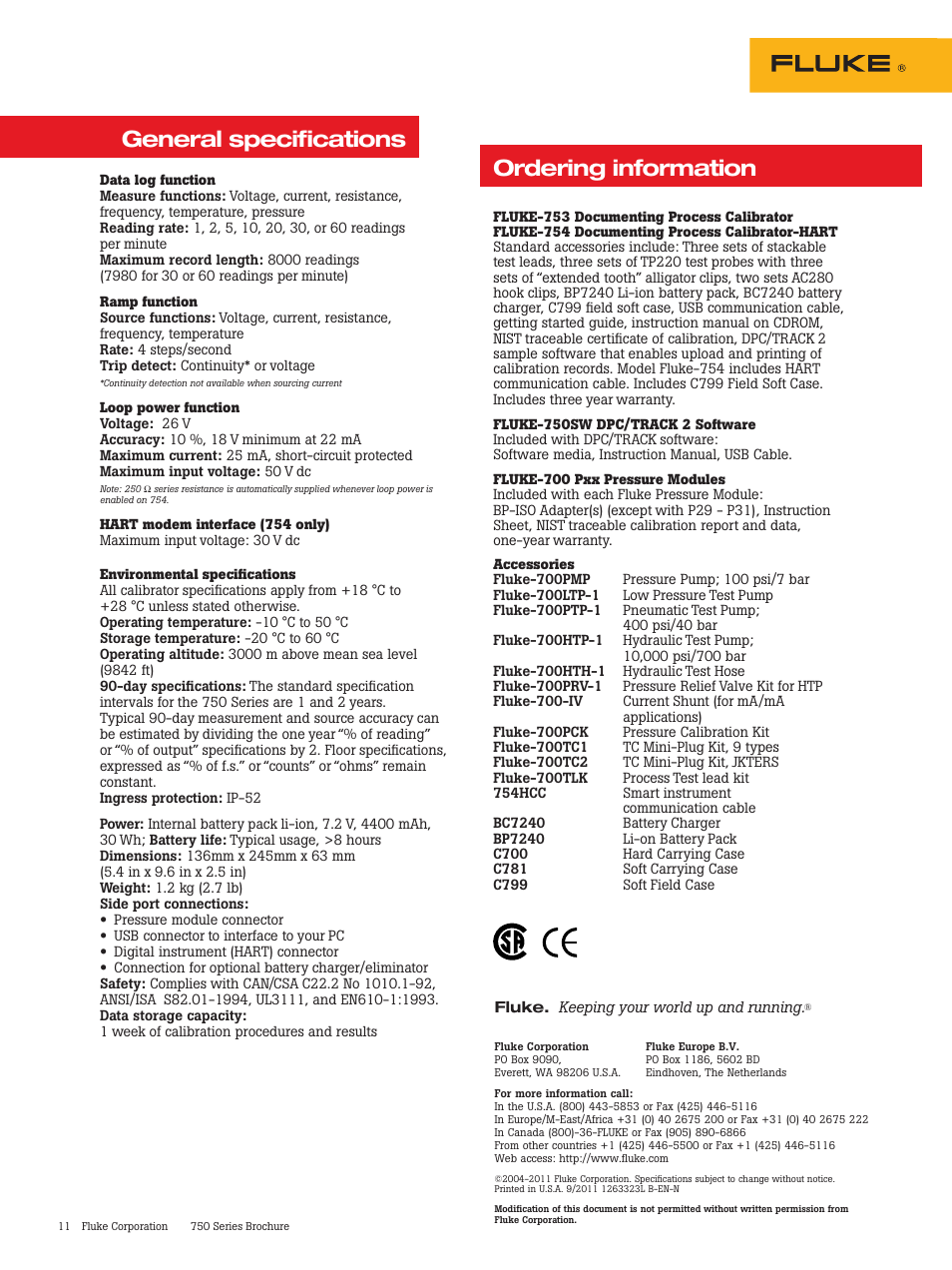 General specifications, Ordering information | Atec Fluke-750 Series User Manual | Page 11 / 11