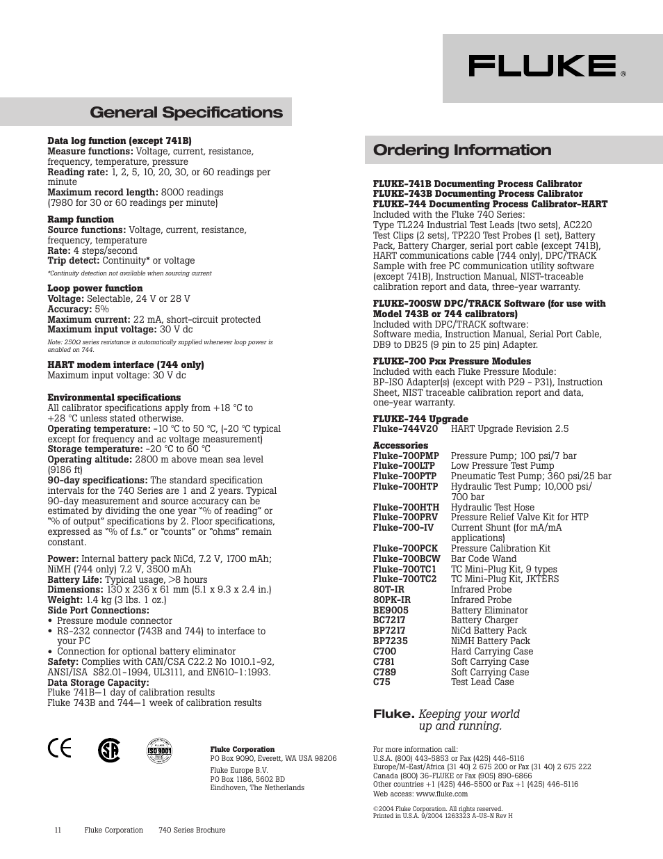 General specifications, Ordering information | Atec Fluke-740 Series User Manual | Page 11 / 11