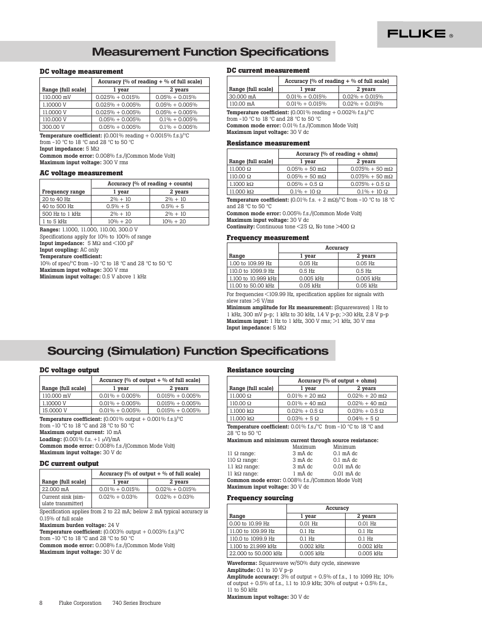 Dc voltage measurement, Ac voltage measurement, Dc current measurement | Resistance measurement, Frequency measurement, Dc voltage output, Dc current output, Resistance sourcing, Frequency sourcing | Atec Fluke-740 Series User Manual | Page 8 / 11