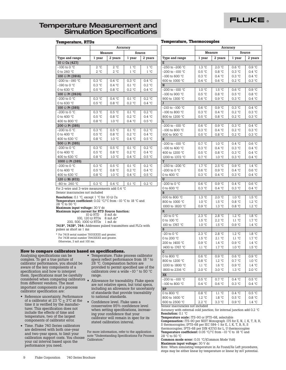 Temperature, rtds, How to compare calibrators based on specifications, Temperature, thermocouples | Atec Fluke-740 Series User Manual | Page 9 / 11