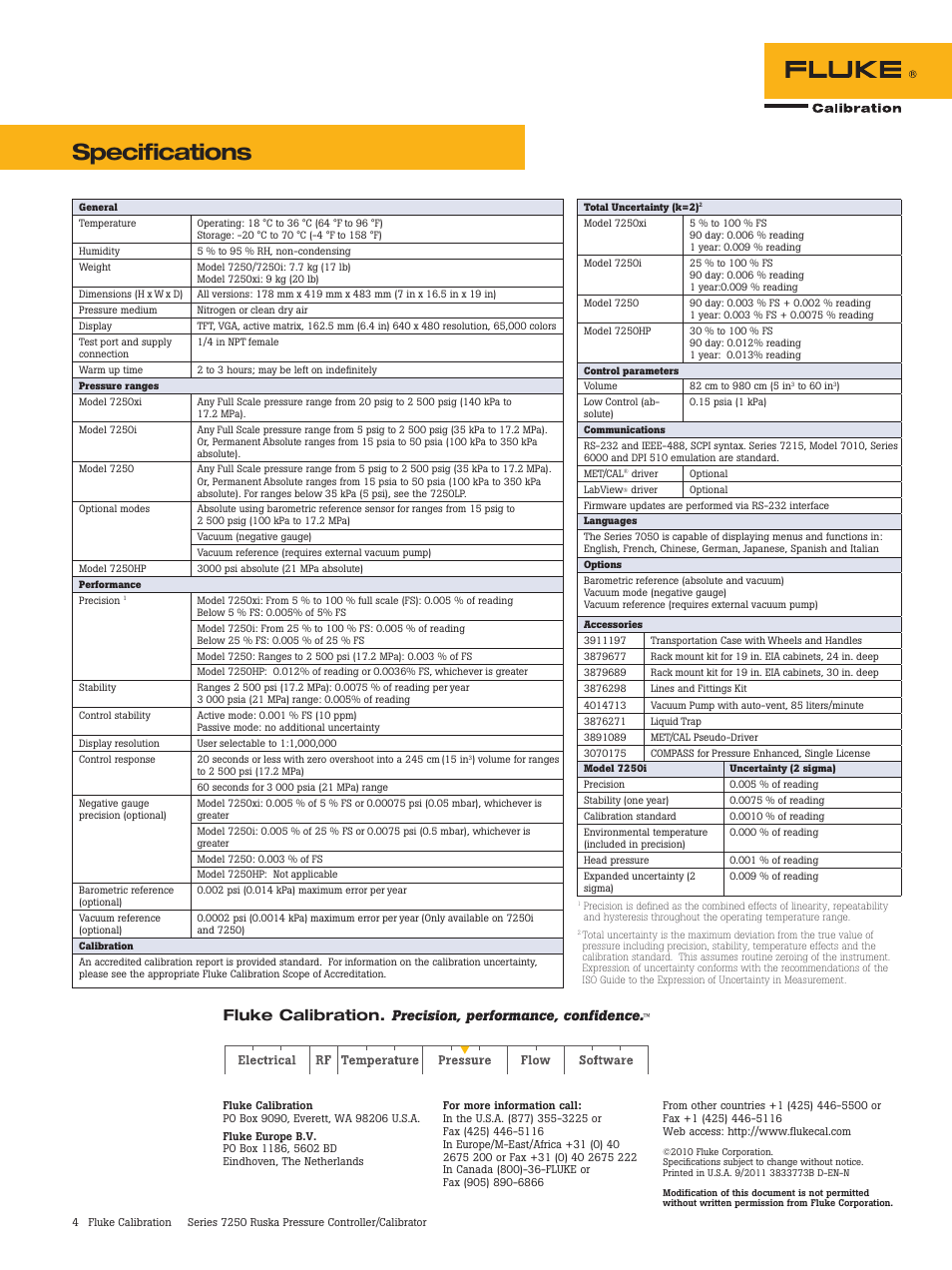 Specifications, Fluke calibration, Precision, performance, confidence | Atec Fluke-7250 Series User Manual | Page 4 / 4