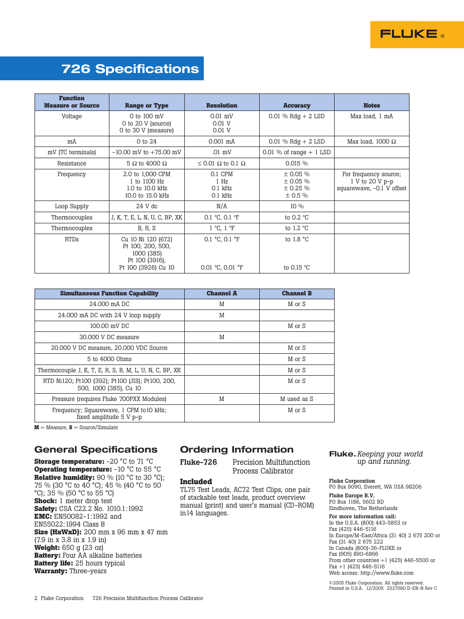 726 specifications, General specifications, Ordering information | Atec Fluke-726 User Manual | Page 2 / 2