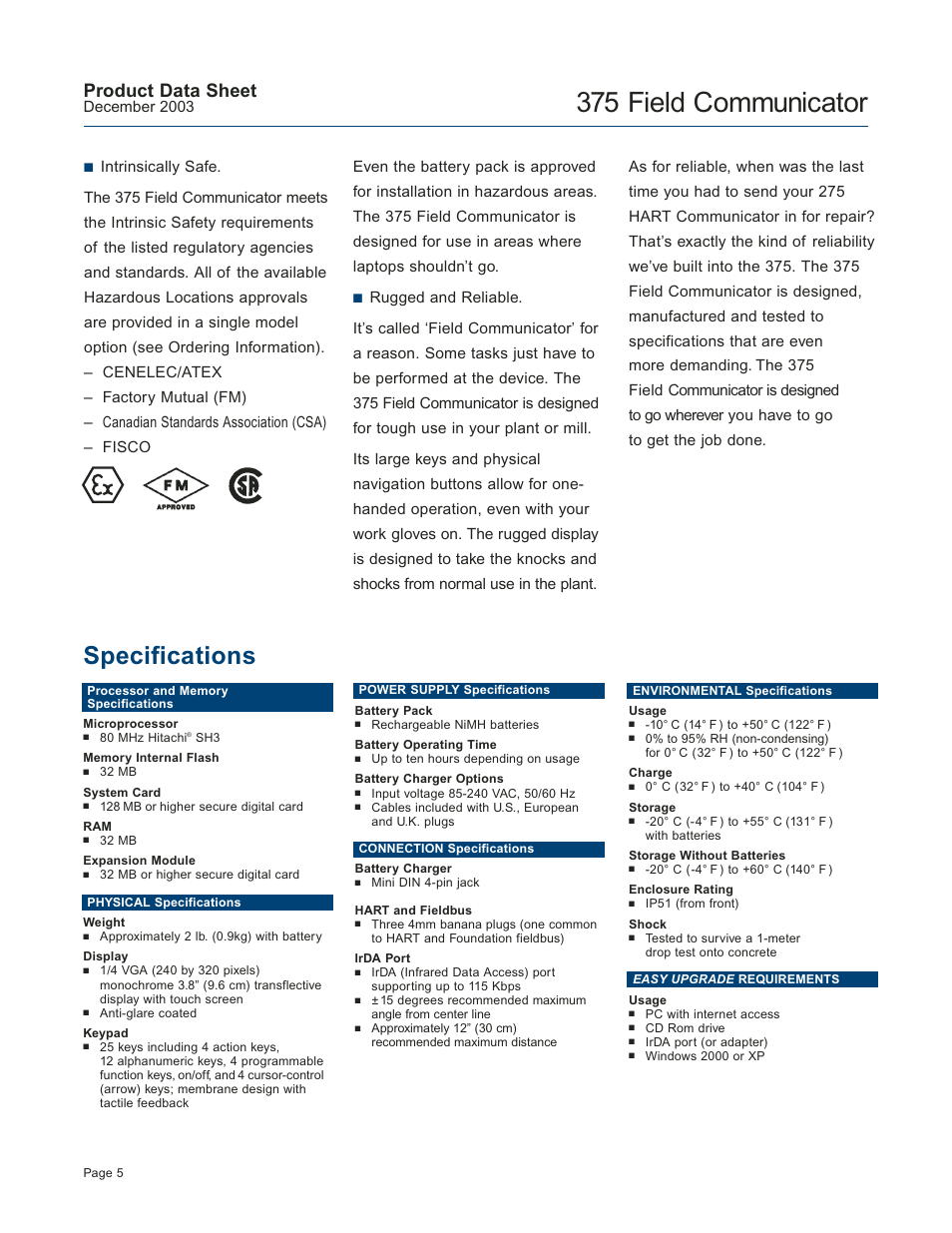 375 field communicator, Specifications, Product data sheet | Atec Fisher-Rosemount-HART-375 User Manual | Page 5 / 8