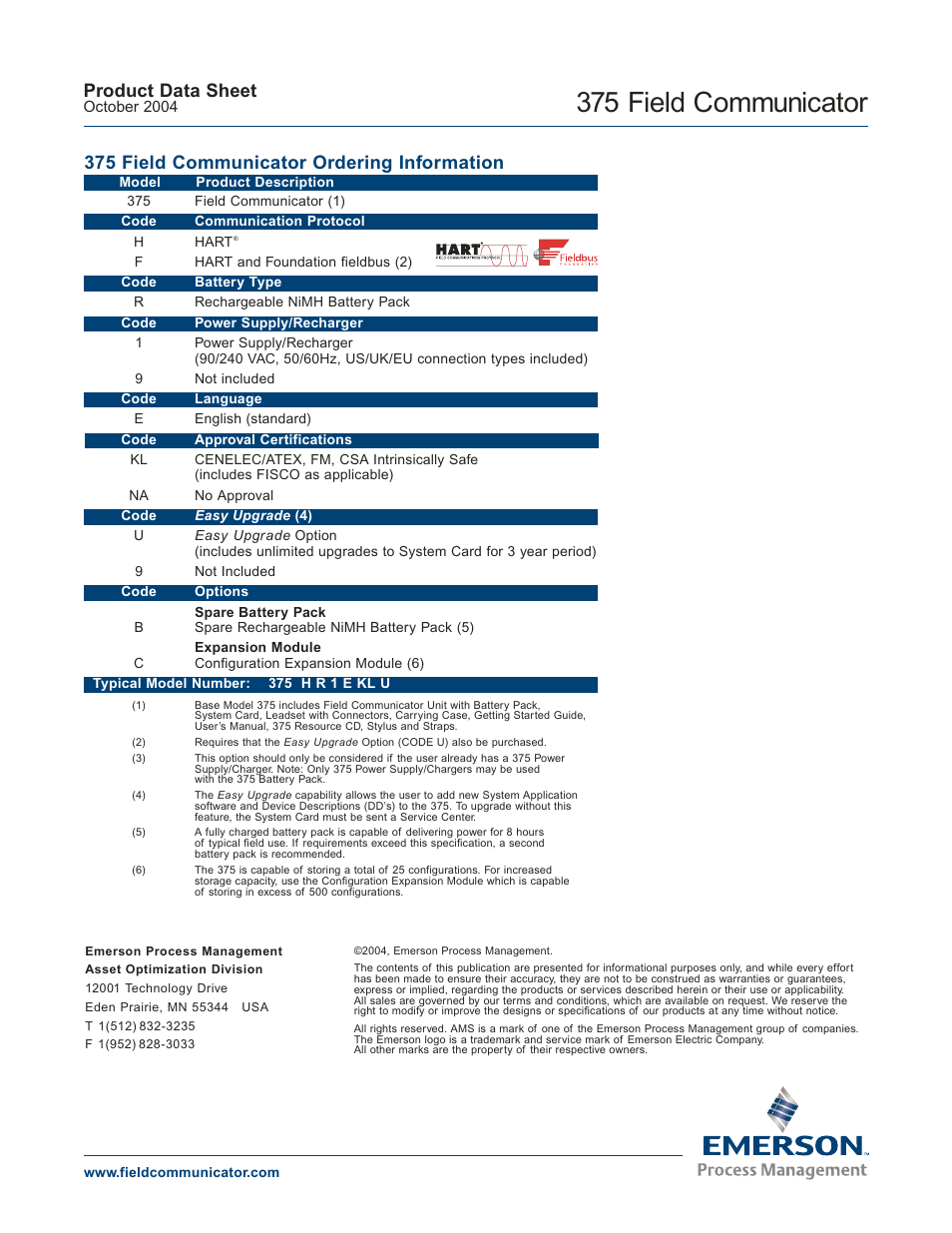375 field communicator, 375 field communicator ordering information, Product data sheet | Atec Fisher-Rosemount-HART-375 User Manual | Page 8 / 8