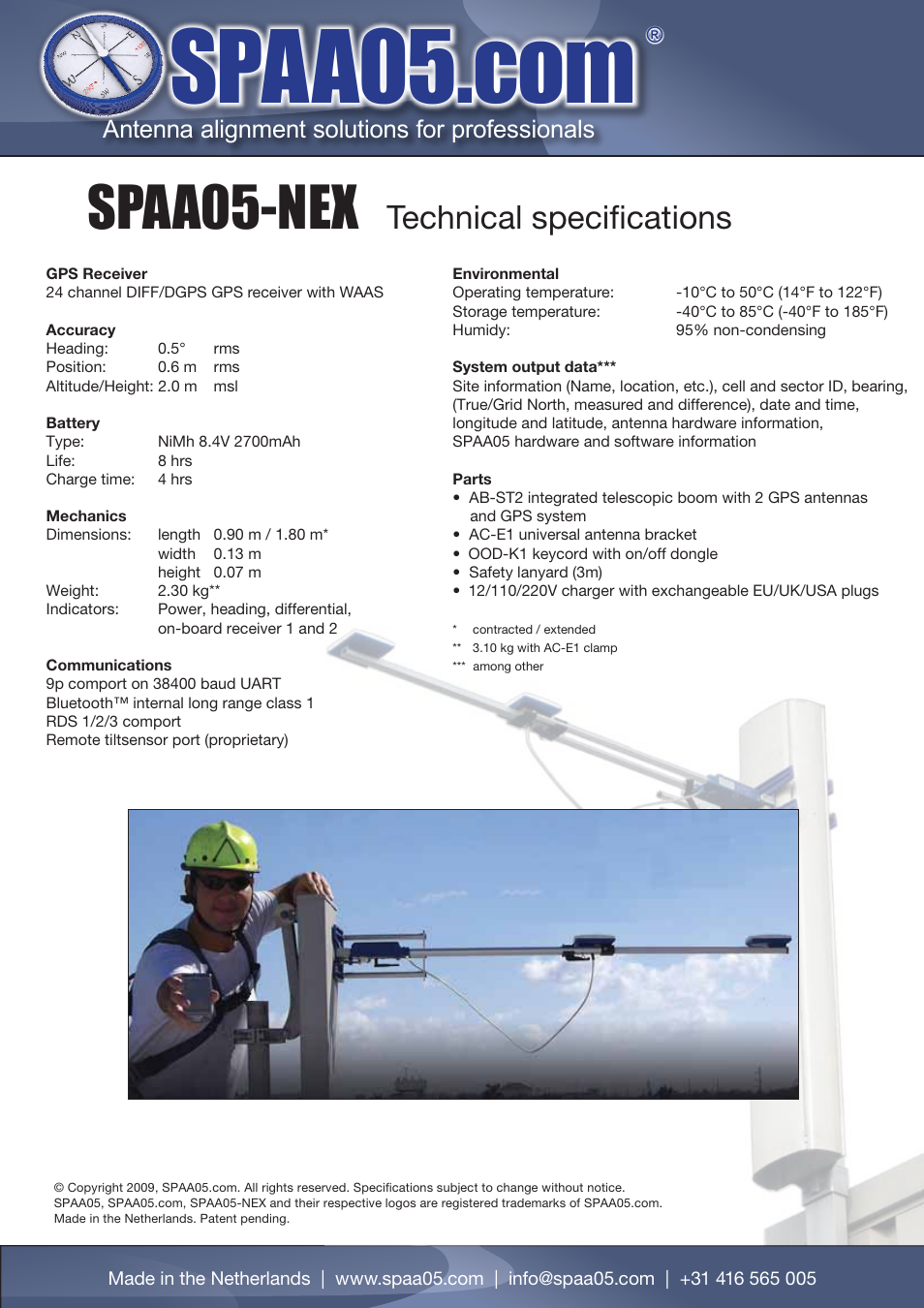 Spaa05-nex, Technical specifications, Antenna alignment solutions for professionals | Atec SPAA05-NEX User Manual | Page 2 / 2