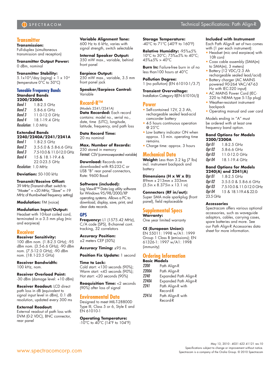 Transmitter, Receiver, Record-r | Environmental data, Power, Mechanical data, Supplemental specs, Ordering information | Atec Spectracom-2200-2240 User Manual | Page 2 / 2