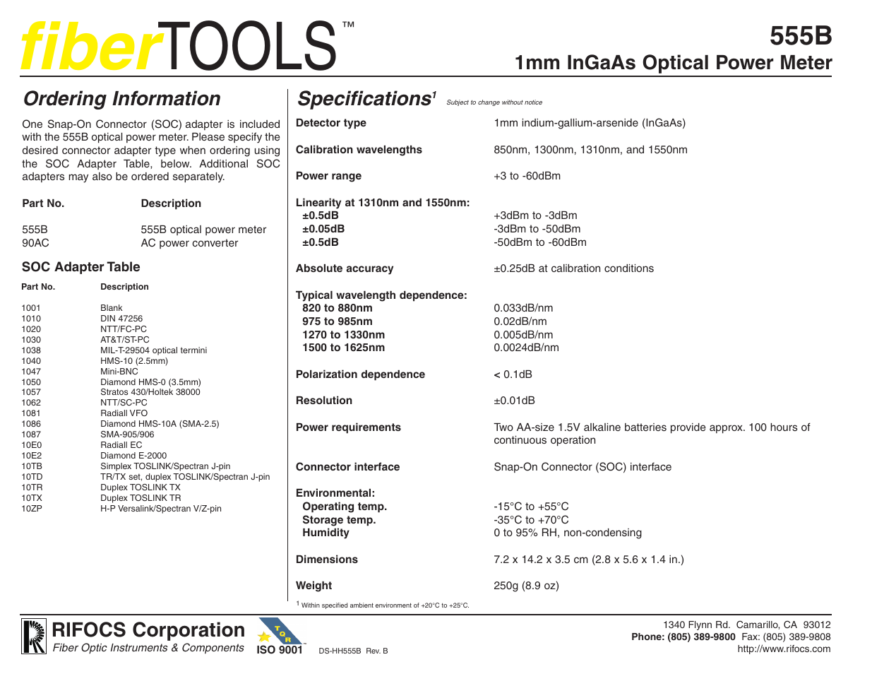 Fiber, Tools, 555b | Specifications, Ordering information, Rifocs corporation, 1mm ingaas optical power meter | Atec Rifocs-555B User Manual | Page 2 / 2