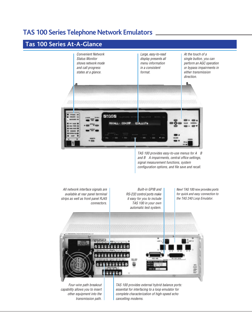 Tas 100 series telephone network emulators, Tas 100 series at-a-glance | Atec TAS-100 Series User Manual | Page 4 / 8