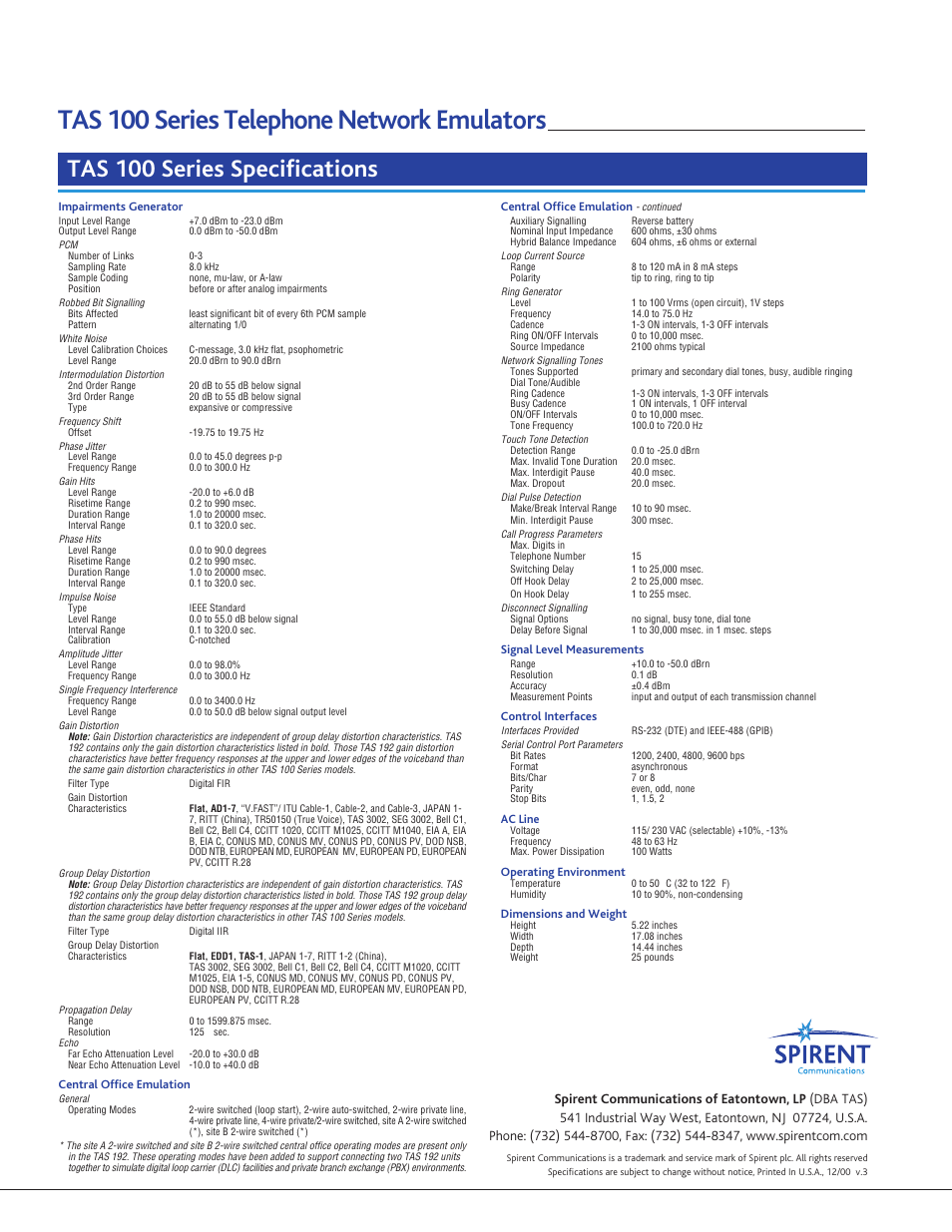 Tas 100 series telephone network emulators, Tas 100 series specifications | Atec TAS-100 Series User Manual | Page 8 / 8