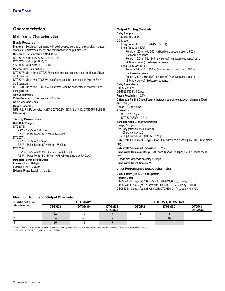 Characteristics, Mainframe characteristics, Basic features | Timing parameters, Output timing controls, Jitter performance (output channels), Clock pattern ("1010…" clock pattern), Data sheet characteristics | Atec Tektronix-DTG5334 User Manual | Page 2 / 12