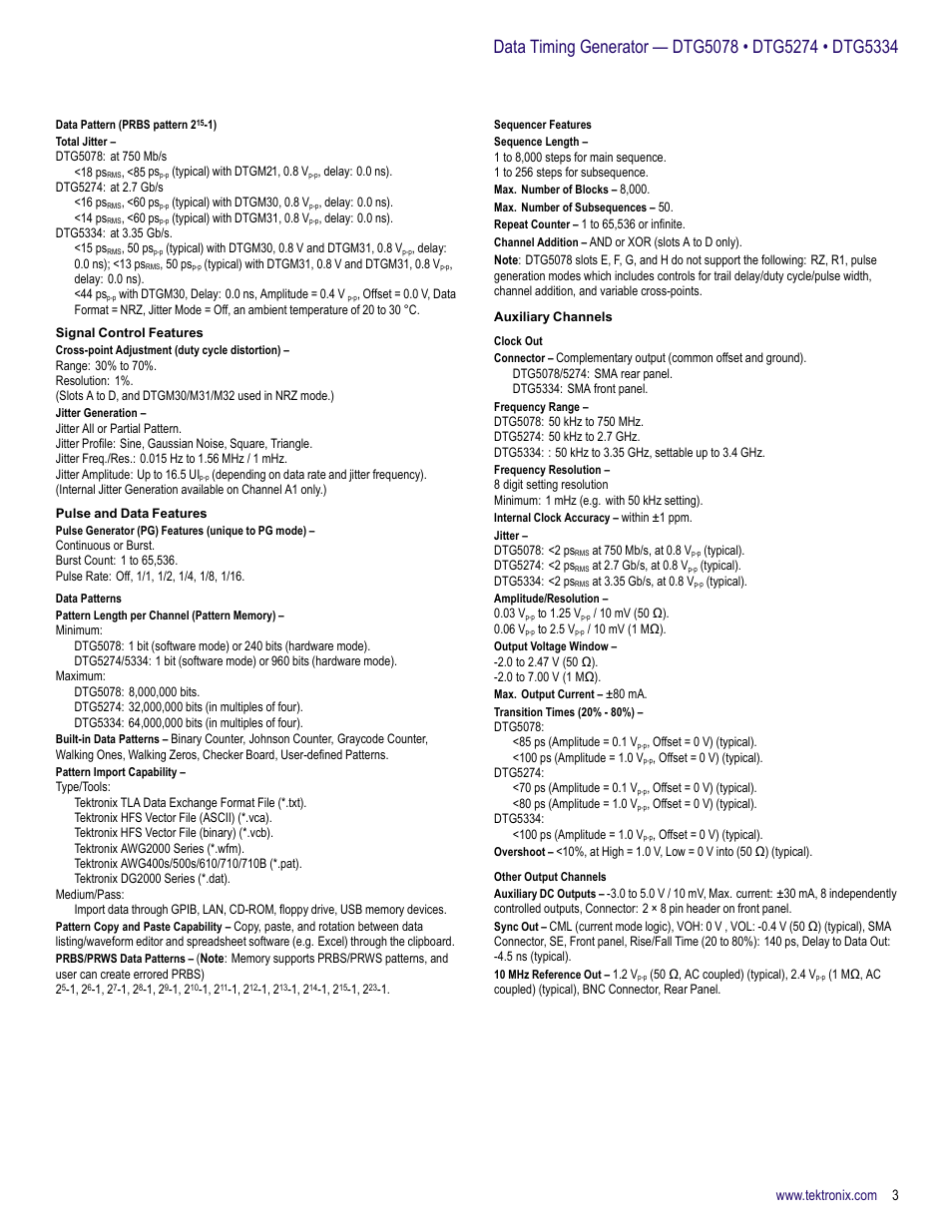 Data pattern (prbs pattern 215-1), Signal control features, Pulse and data features | Data patterns, Sequencer features, Auxiliary channels, Clock out, Other output channels | Atec Tektronix-DTG5334 User Manual | Page 3 / 12