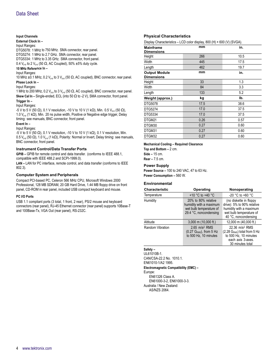 Input channels, Instrument control/data transfer ports, Computer system and peripherals | Pc i/o ports, Mechanical cooling – required clearance, Power supply, Data sheet | Atec Tektronix-DTG5334 User Manual | Page 4 / 12