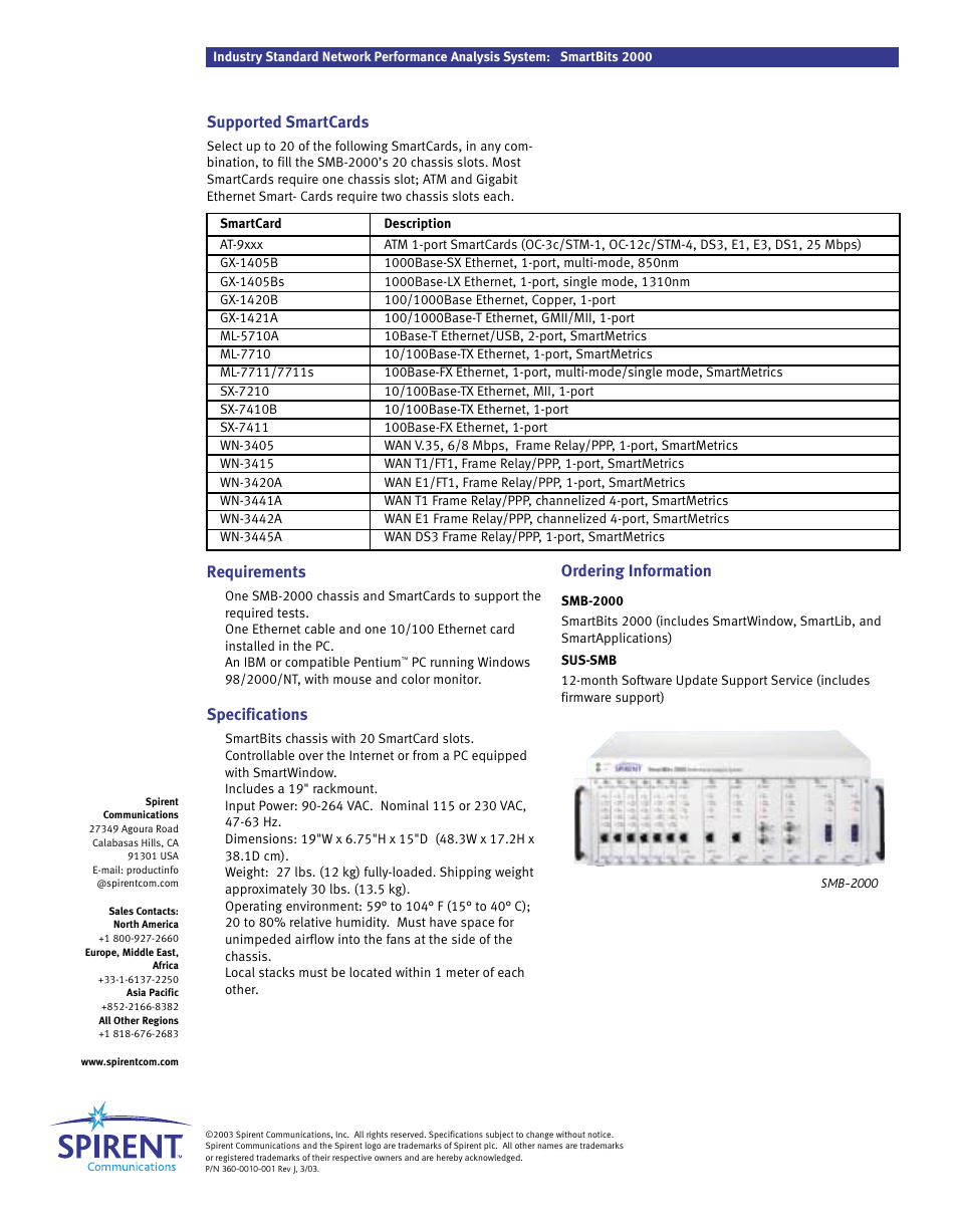 Supported smartcards, Requirements, Specifications | Ordering information | Atec Spirent-SmartBits-SMB-2000 User Manual | Page 2 / 2