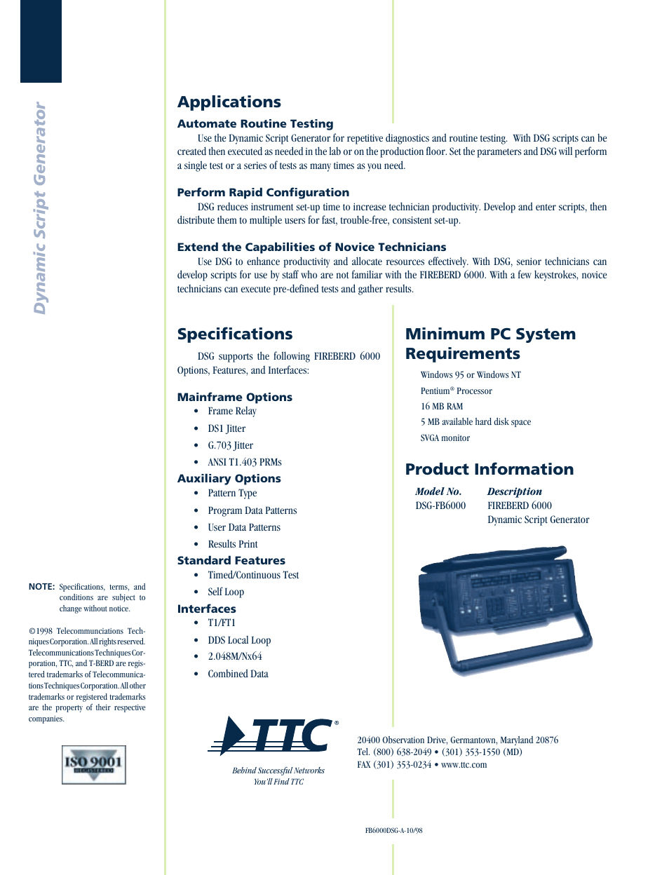 Dynamic script generator, Specifications, Minimum pc system requirements | Product information, Applications | Atec TTC-6000 User Manual | Page 2 / 2