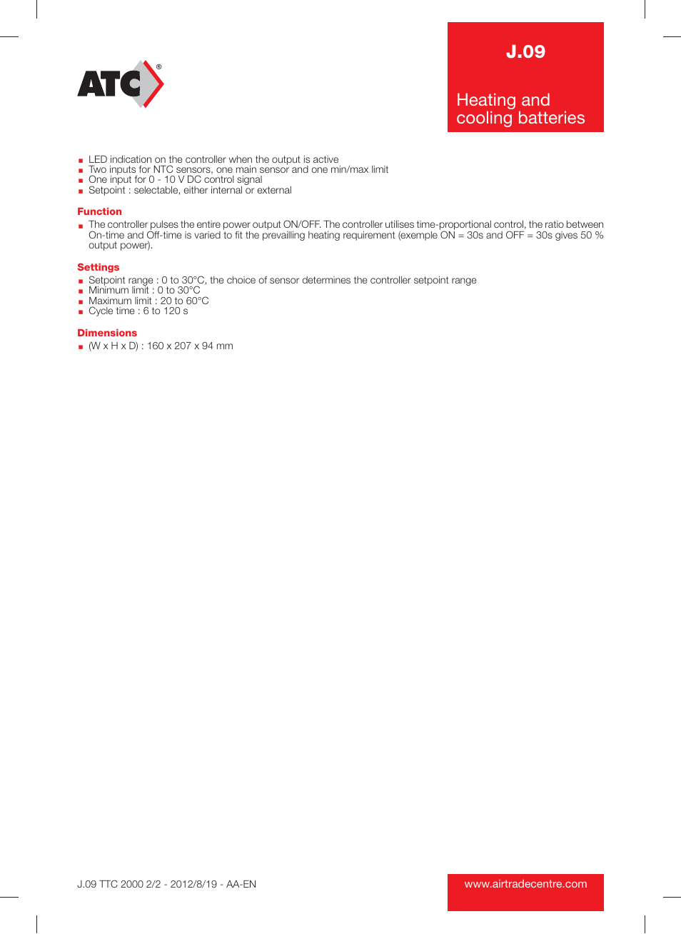 J.09, Heating and cooling batteries | Atec TTC-2000 User Manual | Page 2 / 2