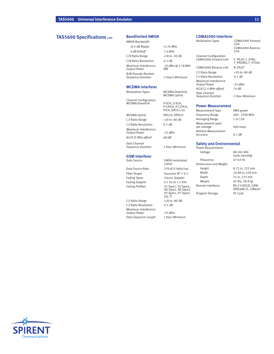 Tas5600 specifications, Bandlimited awgn, Wcdma interferer | Gsm interferer, Cdma2000 interferer, Power measurement, Safety and environmental | Atec Spirent-TAS5600 User Manual | Page 11 / 12