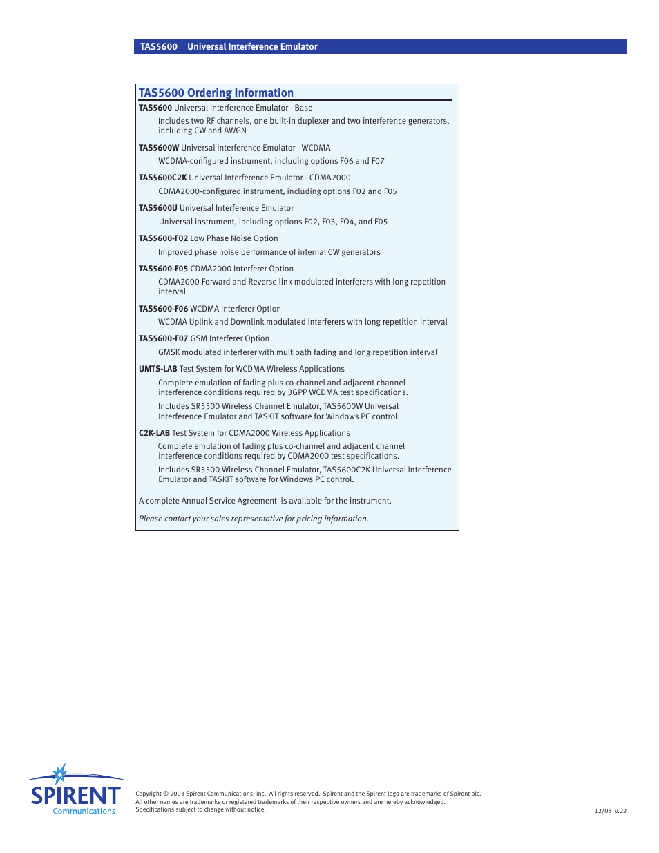 Tas5600 ordering information | Atec Spirent-TAS5600 User Manual | Page 12 / 12