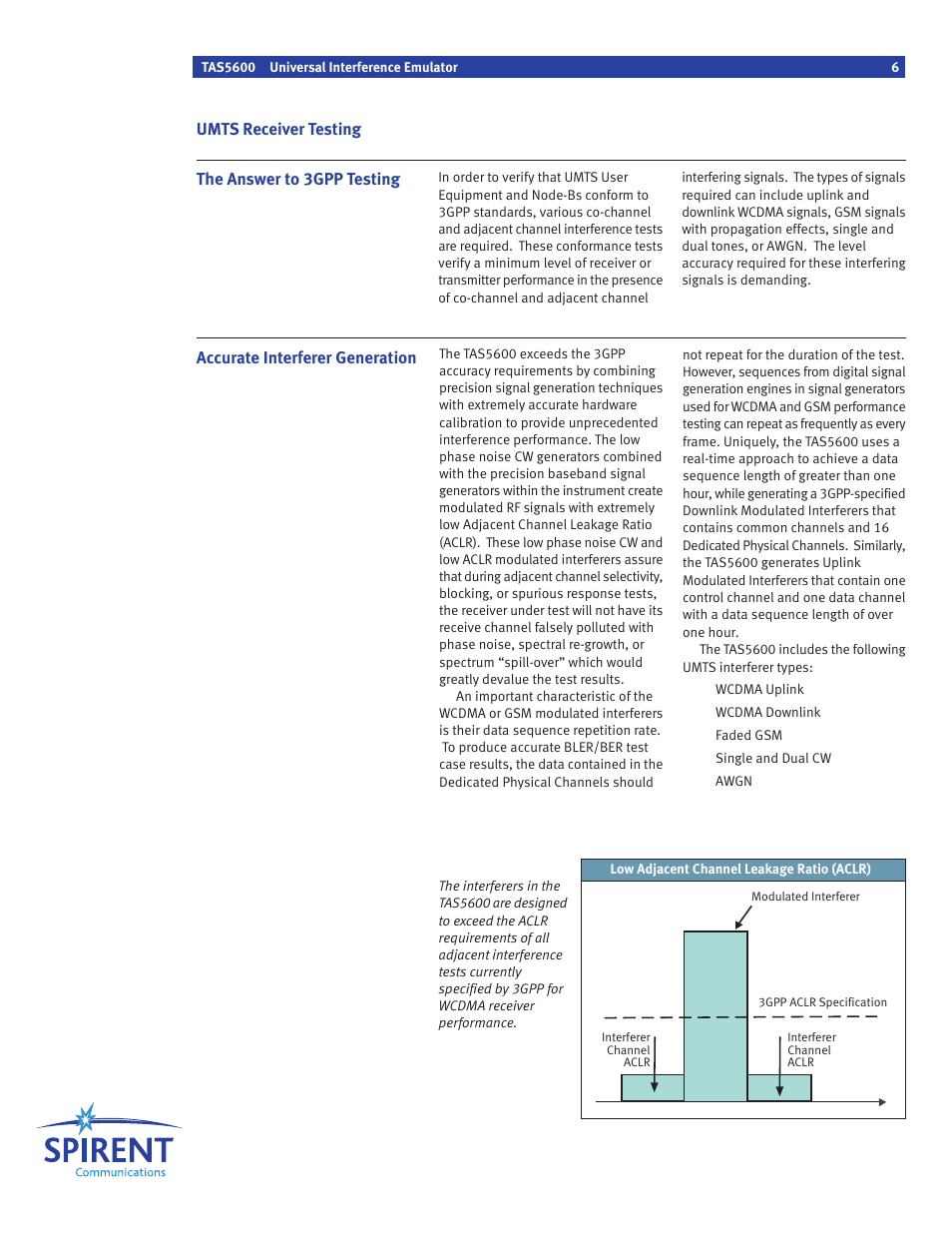 Accurate interferer generation, The answer to 3gpp testing, Umts receiver testing | Atec Spirent-TAS5600 User Manual | Page 6 / 12