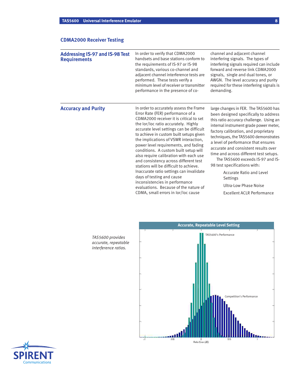 Accuracy and purity, Addressing is-97 and is-98 test requirements, Cdma2000 receiver testing | Atec Spirent-TAS5600 User Manual | Page 8 / 12