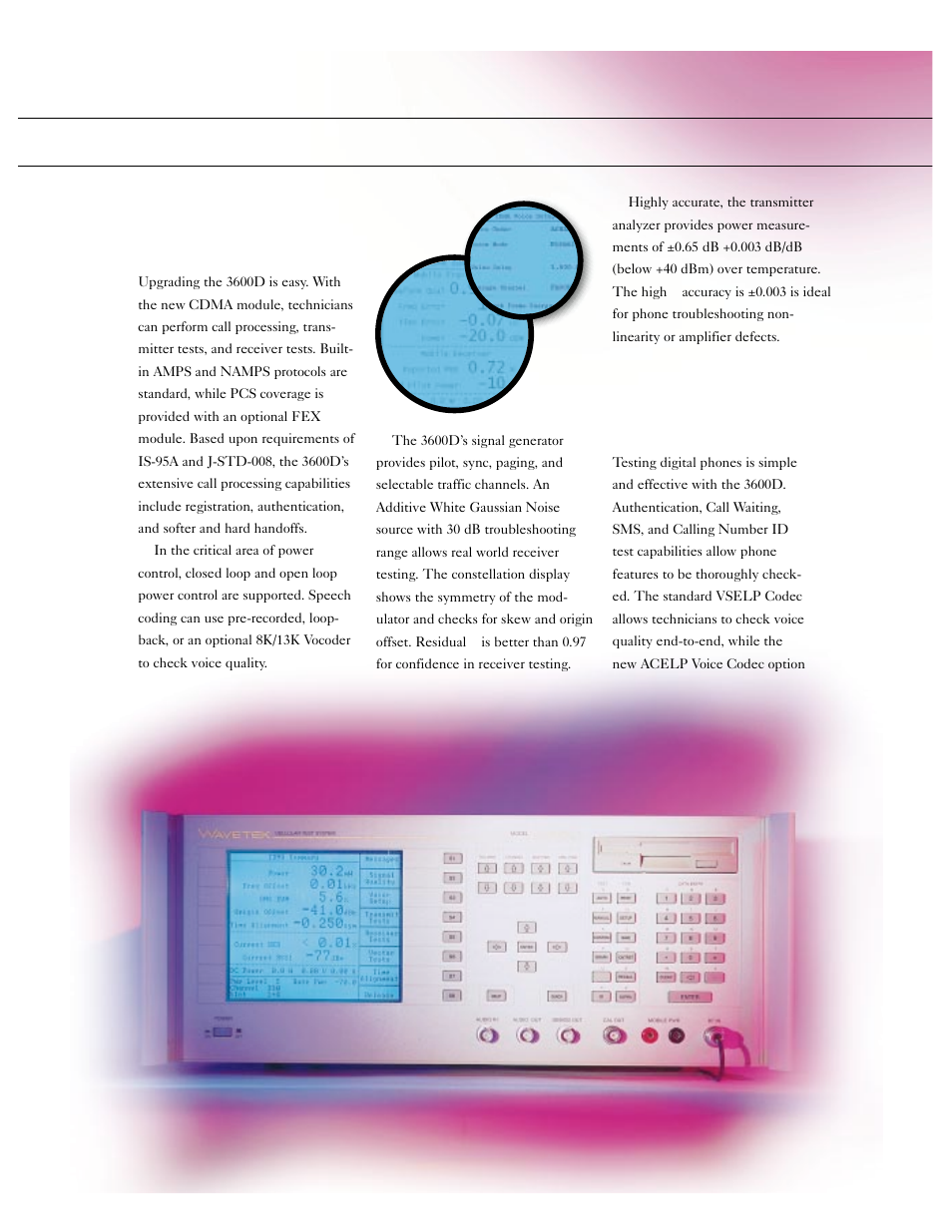 Cdma capabilities for cellular and pcs, Tdma testing, is-136, and voice codecs | Atec Wavetek-3600D User Manual | Page 2 / 6