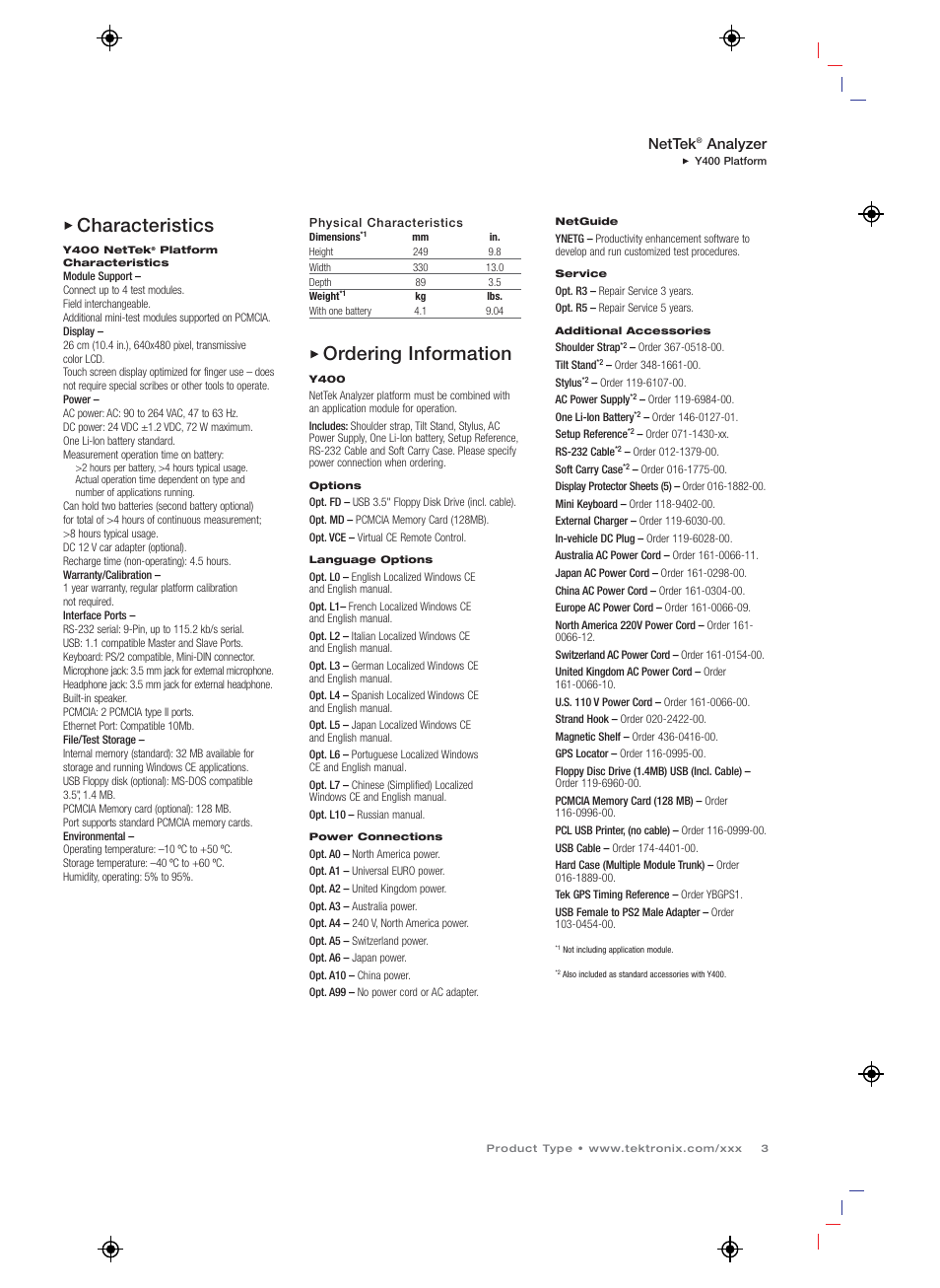 Characteristics, Ordering information, Nettek | Analyzer | Atec Tektronix-Y400 User Manual | Page 3 / 4