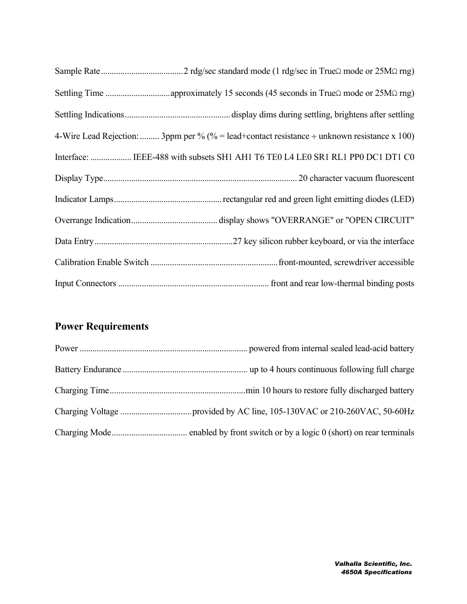 Power requirements | Atec Valhalla-Scientific-4650A User Manual | Page 2 / 3