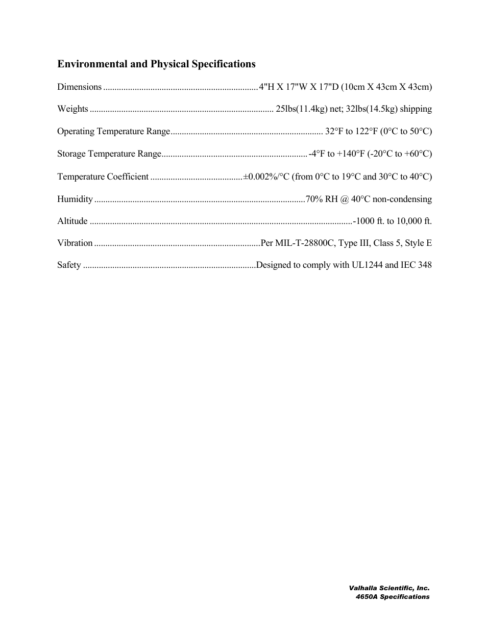 Environmental and physical specifications | Atec Valhalla-Scientific-4650A User Manual | Page 3 / 3