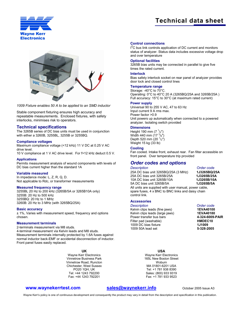 Technical data sheet, Order codes and options, Technical specifications | Atec Wayne-Kerr-3265B User Manual | Page 2 / 2