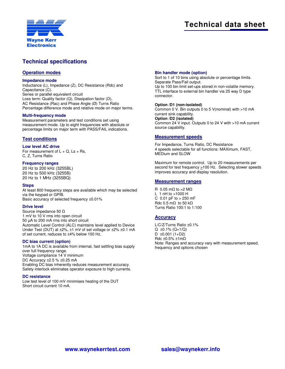 Technical data sheet | Atec Wayne-Kerr-3255B User Manual | Page 3 / 4