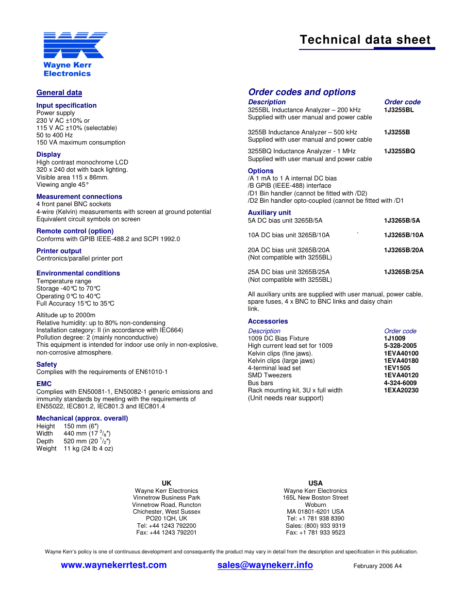 Technical data sheet, Order codes and options | Atec Wayne-Kerr-3255B User Manual | Page 4 / 4