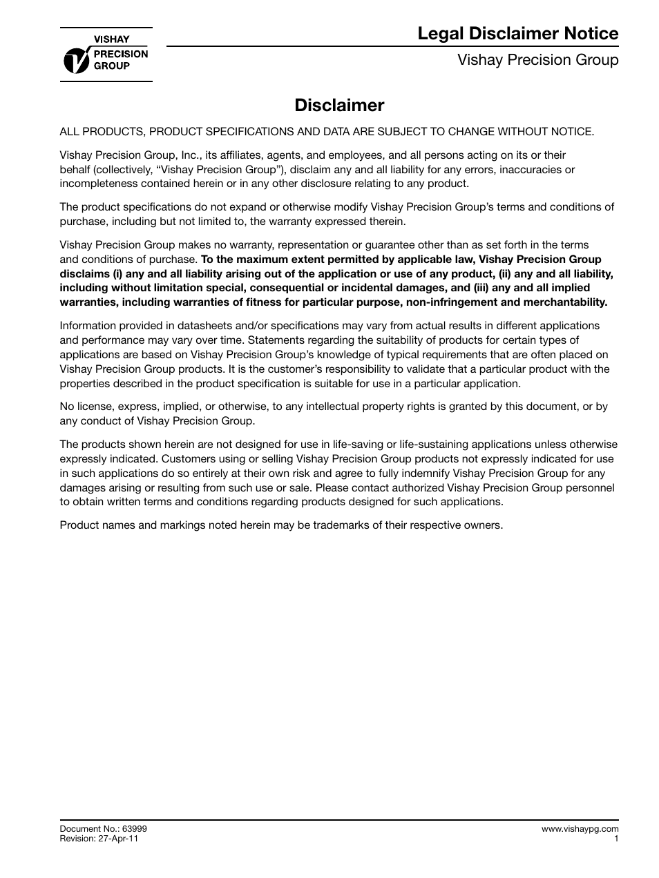 Disclaimer, Legal disclaimer notice, Legal disclaimer notice disclaimer | Vishay precision group | Atec Vishay-P3 User Manual | Page 4 / 4