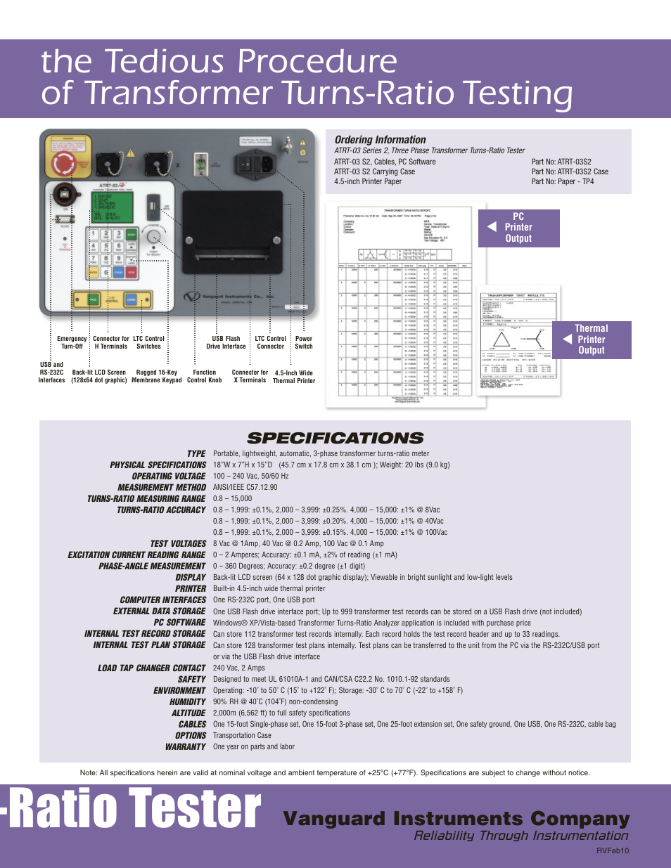 Ratio tester, Vanguard instruments company, Specifications | Reliability through instrumentation | Atec Vanguard-ATRT-03-S2 User Manual | Page 3 / 4